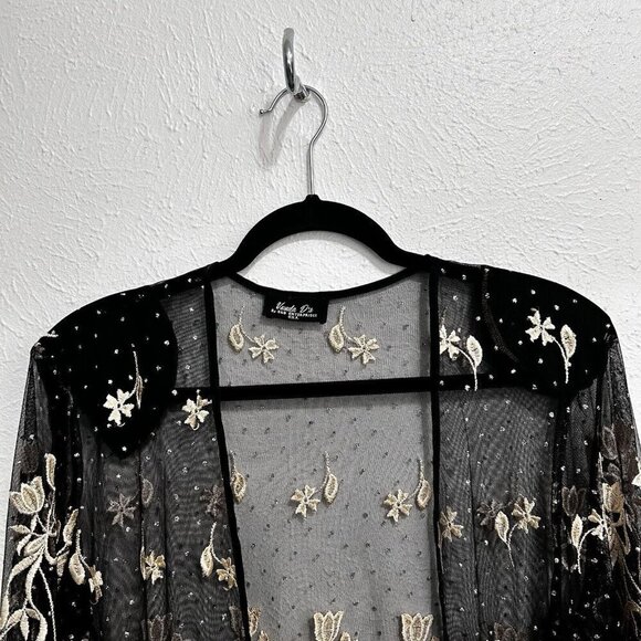 VTG 90s Vonda D’s Black Cream Floral Sheer Mesh Jacket Open Front Beaded Size L - Picture 2 of 12